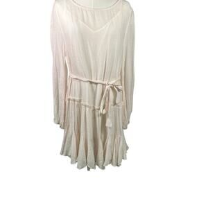 Flawless Cream Ruffle‎ Hem Long Sleeve Mini Dress Belted M Boho Whimsy Romantic